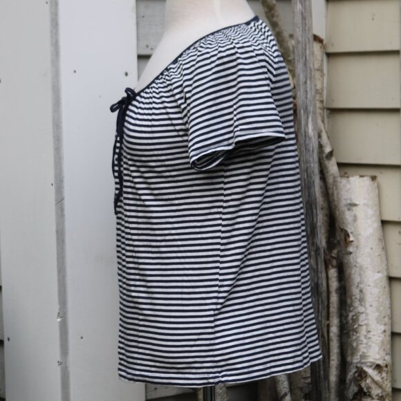 Joe Fresh Blue White Stripe Scoop Neck w Keyhole & Tie Short Sleeve Knit Tee MED - Picture 4 of 7